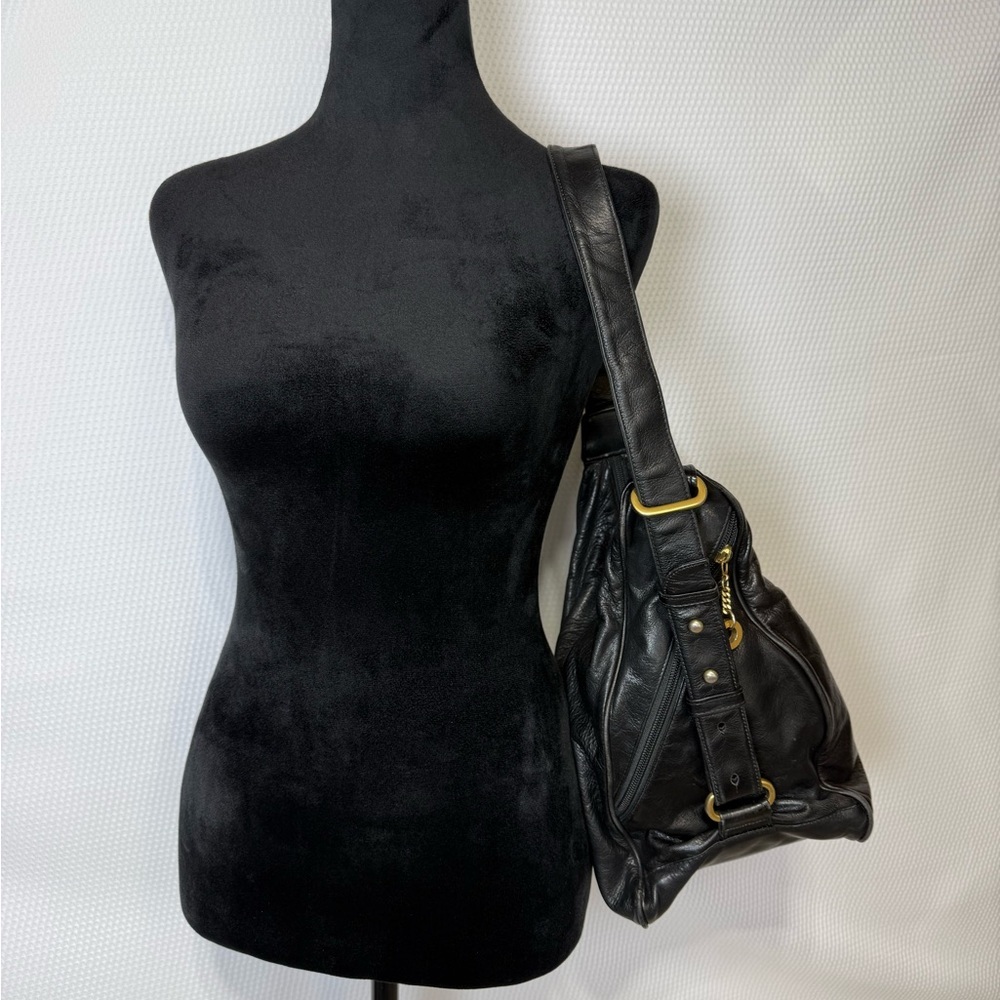 Perlina New York Black Leather Hobo Shoulder Bag Slouchy Gold Hardware Y2K